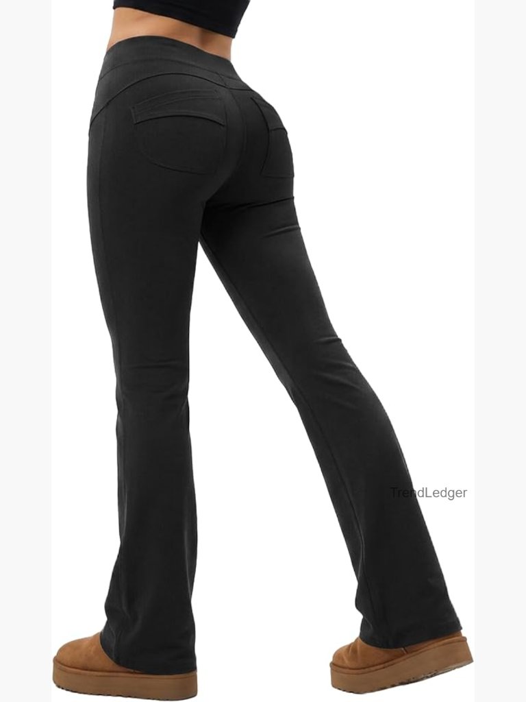 High Waisted Flared Yoga Pants Bootcut 4-Way Stretch Ribbed Nylon Spandex 30"